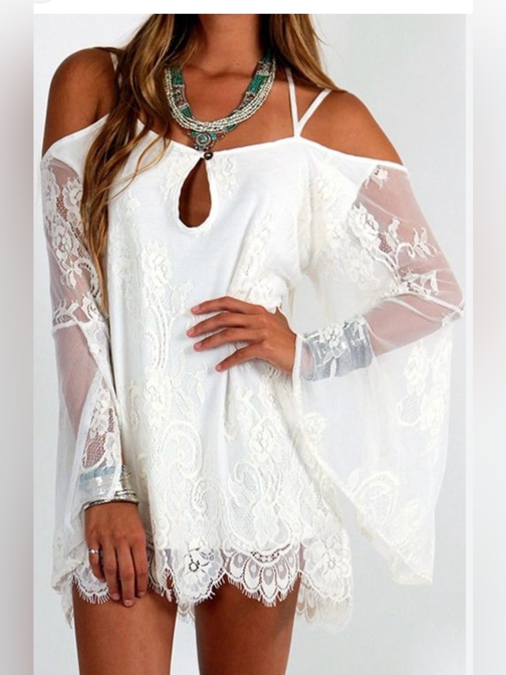 Jens Pirate Booty Sexy Boho Cold Shoulder Bell Sleeves Lace Mini Dress GORGEOUS